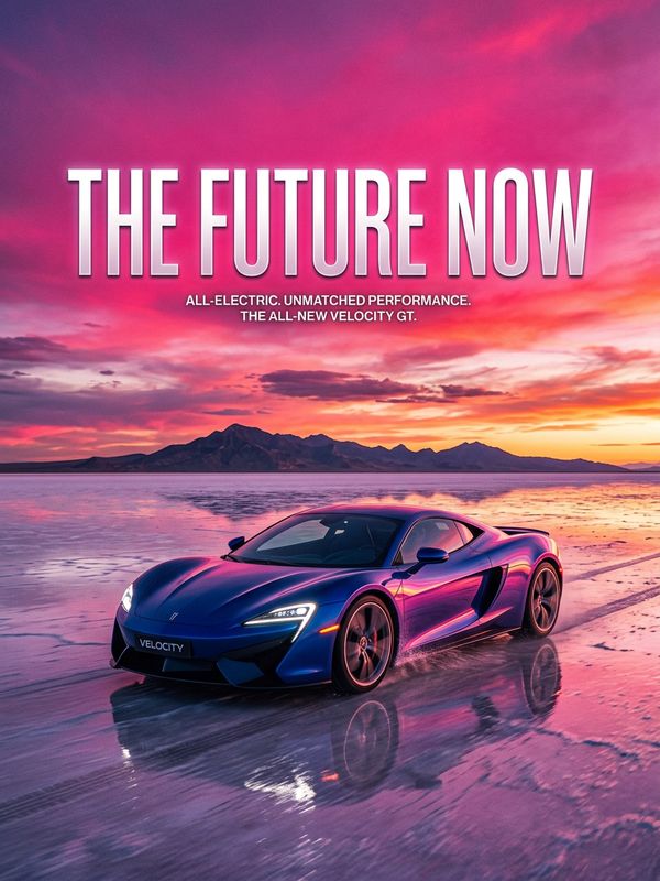 A grand outdoor car launch poster. A sleek new-energy sports car drives across an endless salt flat. Vivid purple-red sunset sky reflects off the body. Sky area left blank for text: "THE FUTURE NOW". Cinematic blockbuster feel.