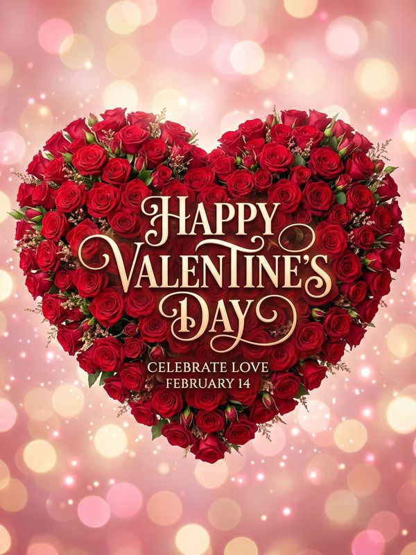 A romantic Valentine's Day poster. Countless red roses arranged into a giant heart shape. Soft pink bokeh background. Elegant French serif text centered: "HAPPY VALENTINE'S DAY". Dreamy and soft lighting.