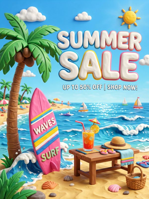 A fresh 3D clay-style summer sale poster. Sunny beach background with waves hitting a pink surfboard, palm trees and cold drinks nearby. Giant white 3D letters float in the sky: "SUMMER SALE". Bright, colorful, full of energy.