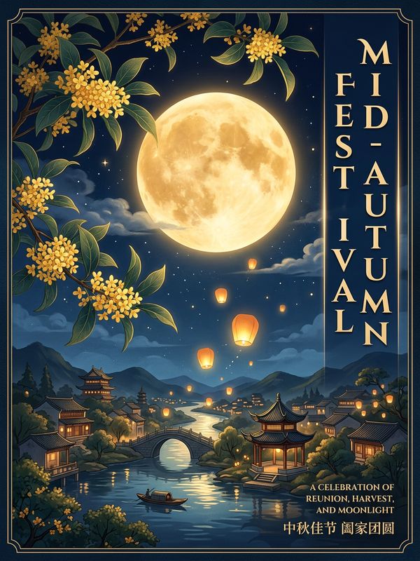 A neo-Chinese style Mid-Autumn Festival poster. A giant golden full moon hangs in a deep blue night sky. Glowing sky lanterns float upward past osmanthus branches. Vertical text on the right: "MID-AUTUMN FESTIVAL". Profound artistic mood.