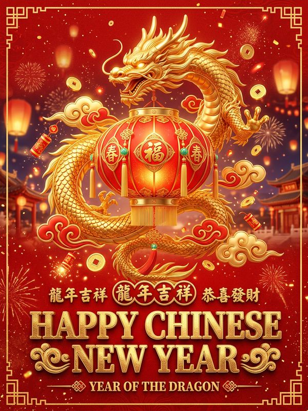 A 3D Chinese New Year poster in national trend style. Bright red background with a golden 3D zodiac dragon coiling around red lanterns, surrounded by gold coins and auspicious clouds. Embossed golden text: "HAPPY CHINESE NEW YEAR". Festive and premium.