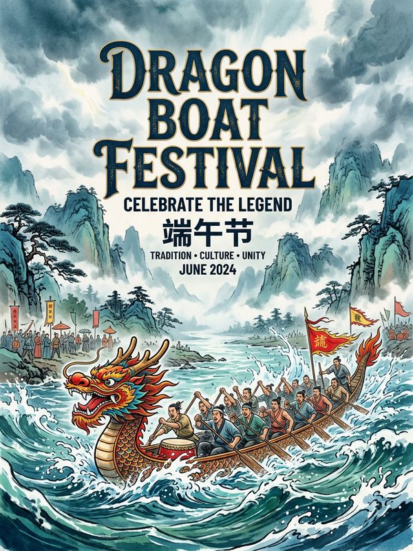 A modern ink-wash Dragon Boat Festival poster. Dragon boats charging through waves at the bottom, water rendered in cyan-green landscape style, splashing water. Misty clouds above reveal text: "DRAGON BOAT FESTIVAL". Majestic atmosphere.