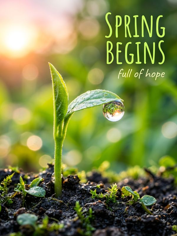 A vibrant Beginning of Spring poster. Macro shot of a fresh green sprout breaking through the soil, a crystal dewdrop on its tip refracting early sunlight. Blurred green bokeh background. Fresh font text: "SPRING BEGINS". Full of hope.