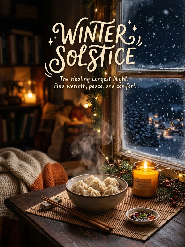 A healing Winter Solstice poster. A bowl of steaming dumplings on a bamboo mat, a warm yellow aromatherapy candle burning nearby, snow falling outside the window. Handwritten text: "WINTER SOLSTICE". Cozy and warm.