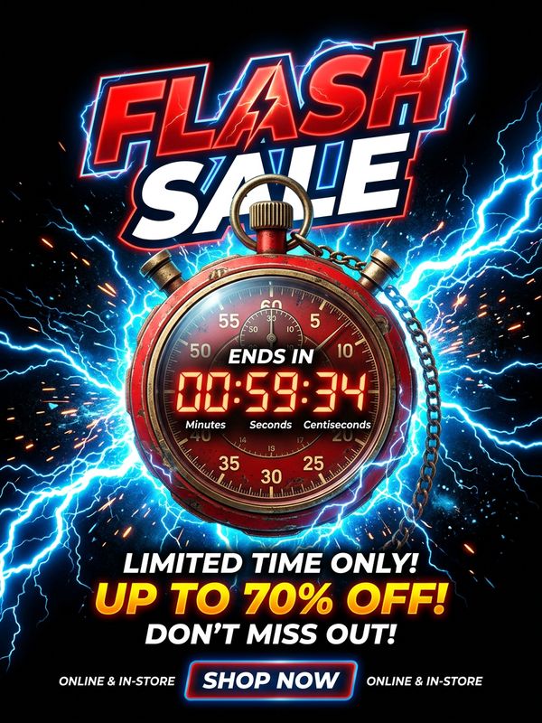 A high-urgency flash sale poster. Black background with a red vintage countdown stopwatch at the center, surrounded by blue lightning effects. Massive bold italic text: "FLASH SALE". Triggers immediate desire to buy.