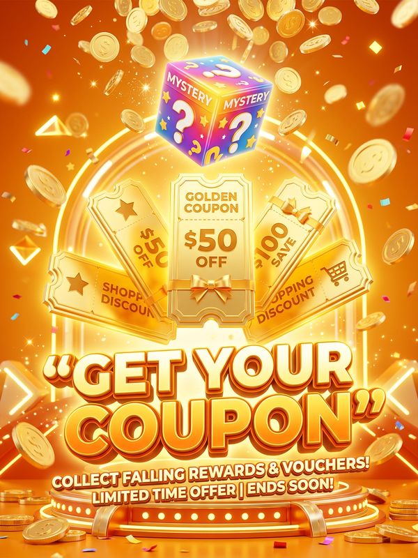 A C4D-style coupon collection poster. Gold coins and glowing mystery boxes rain down from above. Giant glittering coupons float in the center. Warm orange-yellow background. 3D text: "GET YOUR COUPON". Strong e-commerce vibe.