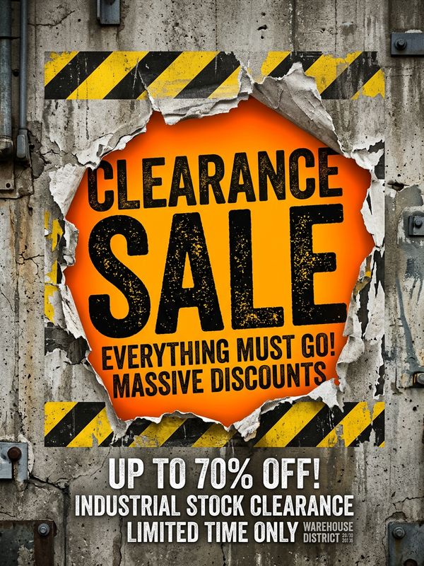 An industrial-style clearance poster. Yellow-black warning tape criss-crosses a concrete textured wall. Torn paper effect at the center reveals vivid orange underneath. Massive distressed text: "CLEARANCE SALE". Eye-catching.