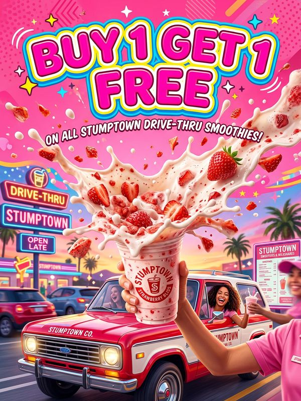 A high-CTR product hero poster. Milk splashes and strawberry pulp burst out from the center, dynamic and appetizing. Bright pink background. Bold bubble text: "BUY 1 GET 1 FREE". Vivid, high contrast.