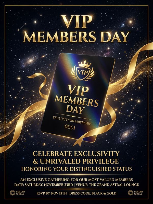 A luxurious black-gold VIP Day poster. A premium holographic black card floats in mid-air, wrapped in golden ribbons. Deep starry dark background. Elegant premium text: "VIP MEMBERS DAY". Exudes exclusive prestige.