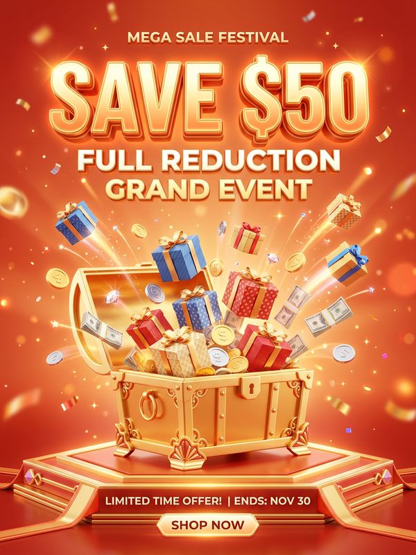 An e-commerce 50-off promo poster in C4D style. A golden treasure chest opens at the center, releasing gift boxes and coins. Warm gradient orange-red background. Giant glowing 3D text: "SAVE $50". Soft lighting, commercial poster quality.
