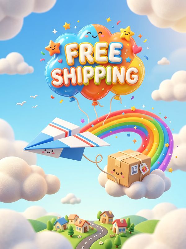 A fun 3D free shipping poster. A cute paper airplane tows a parcel through blue skies and white clouds, leaving a rainbow trail. Balloon-shaped text floats in the sky: "FREE SHIPPING". Joyful and uplifting.