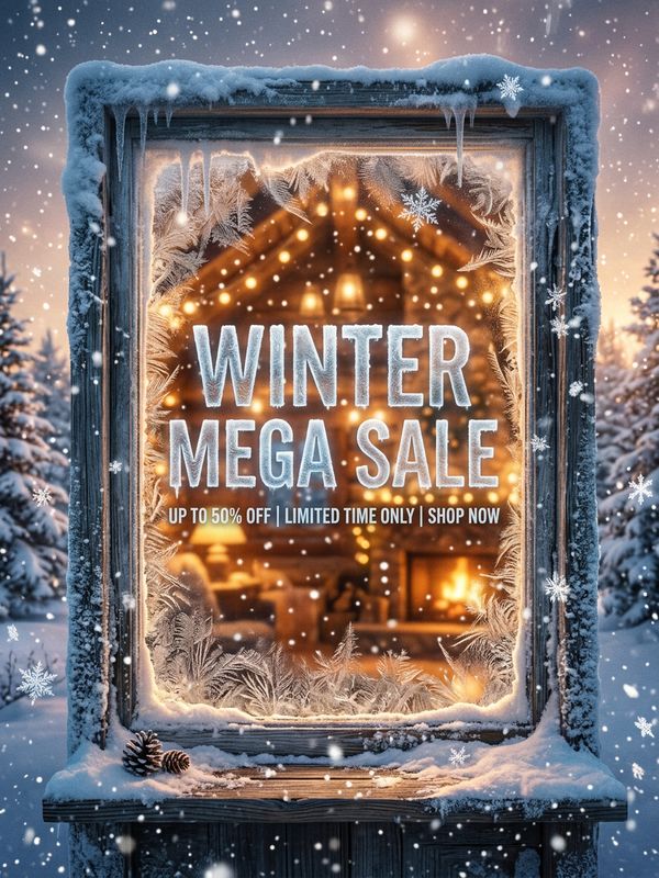 A dreamy snowy scene poster. An icy shop window glows with warm yellow light inside, delicate snowflakes falling. Frost-textured font on the glass reads: "WINTER MEGA SALE". Cinematic lighting, premium feel.