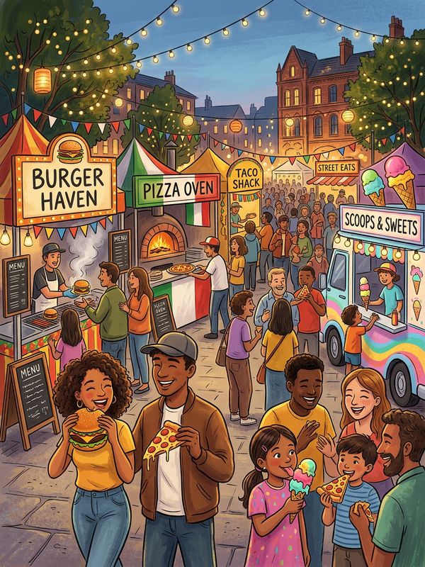 An illustration-style food festival poster depicting a lively market scene with people tasting burgers, pizza, ice cream and other foods at various stalls.