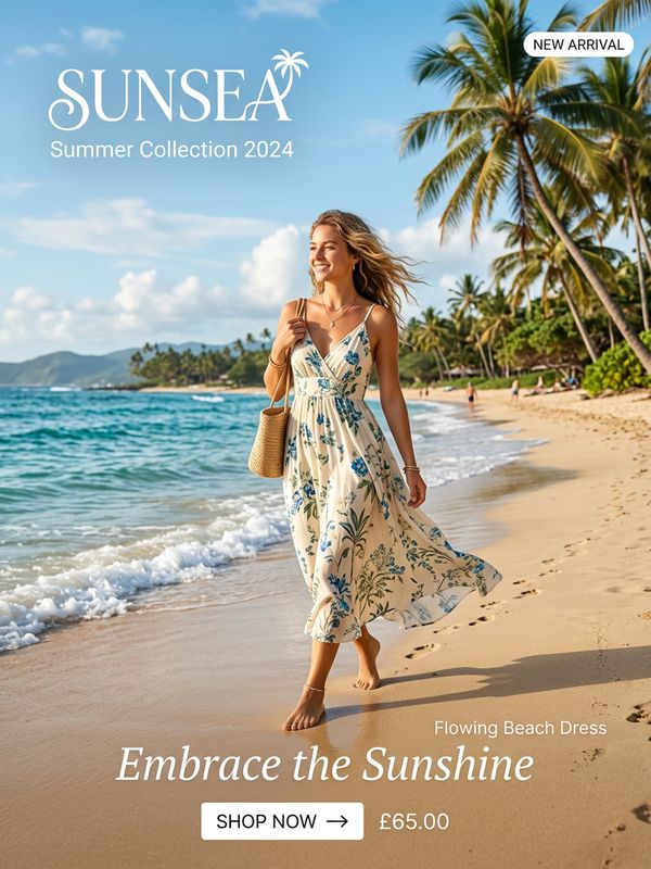 A fresh minimalist e-commerce poster with a summer beach backdrop. Sunshine, sand, and palm trees create a relaxed atmosphere. A model in a flowing dress strolls along the shore naturally.