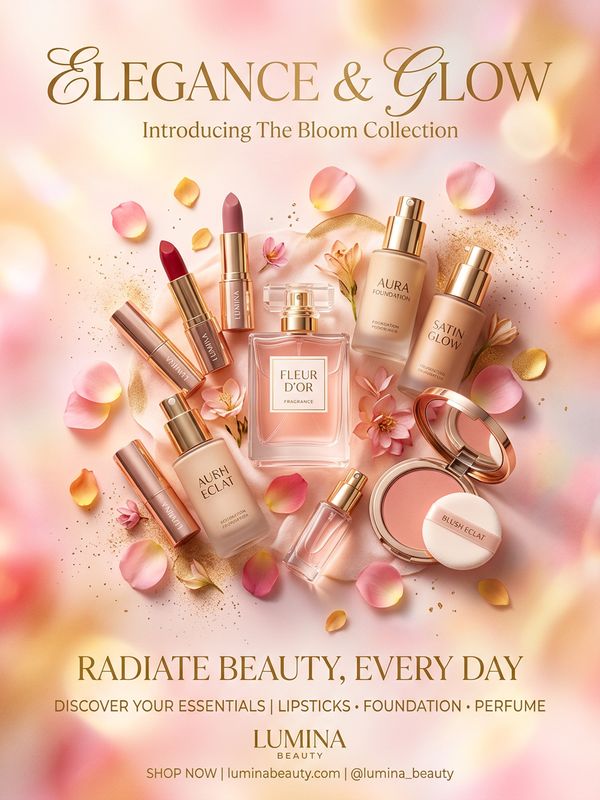 An elegant cosmetics promotion poster with a soft pink and gold gradient background scattered with rose petals. Lipstick, foundation, and perfume bottles arranged gracefully.