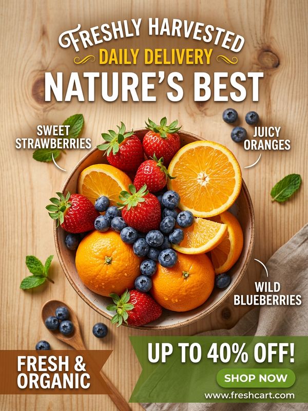 A vibrant, appetite-stimulating fresh produce e-commerce poster. Fresh strawberries, blueberries, and oranges piled together on a simple wood-grain background.