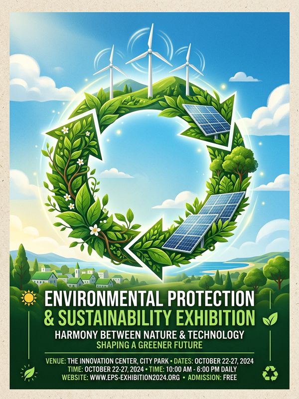An eco-friendly and sustainable concept exhibition poster. Wind turbines, solar panels, and green leaves merge to form a circular arrow, set against a blue sky with white clouds.