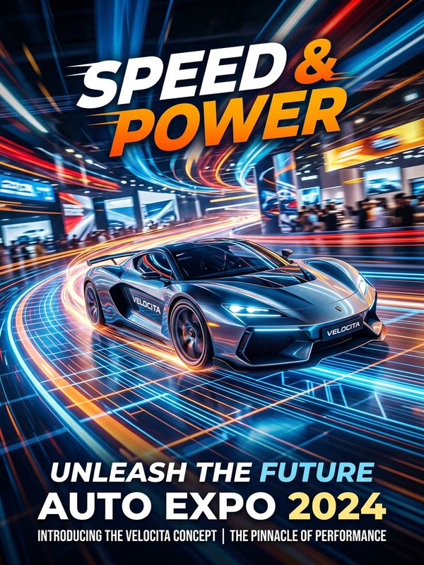 A dynamic automotive exhibition poster showcasing speed and power. A concept sports car racing on a virtual track, sleek body lines, blurred dynamic light trails in the background.
