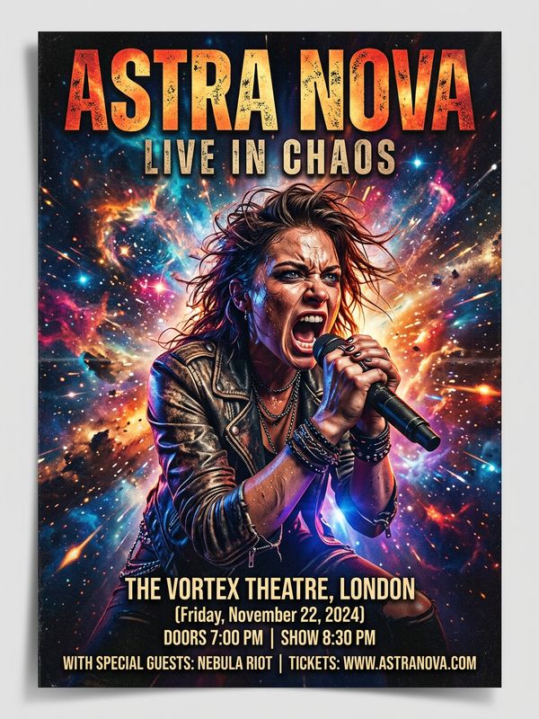 A high-impact concert poster. The performer's main visual photo centered, expression full of intensity, background exploding with stardust and cosmic nebula.
