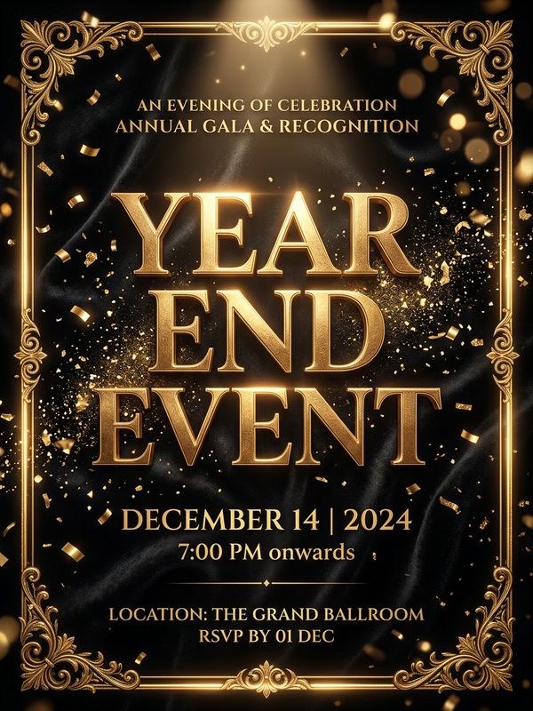 A black-gold luxury year-end event poster. Deep black velvet background with golden confetti and glitter falling. A spotlight shines on large embossed gold text: "YEAR END EVENT". High-end, detailed, 8K quality.