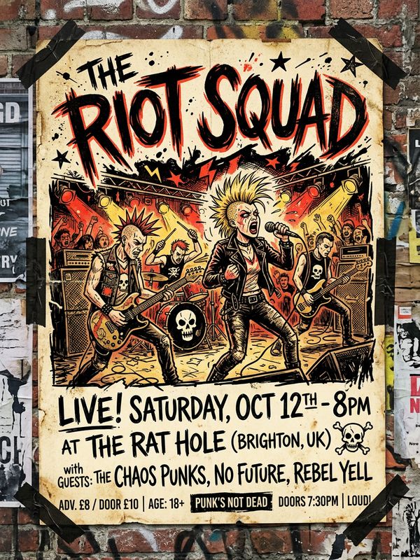 A retro punk-style band concert poster. Aged paper texture, hand-drawn band logo and exaggerated illustration elements, bold contrasting colors.