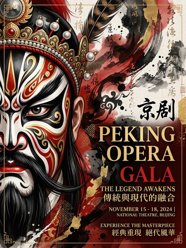 A Peking Opera poster blending tradition and modern design. A close-up of a Peking Opera face mask combined with ink-wash background, classic red, black and gold color palette.