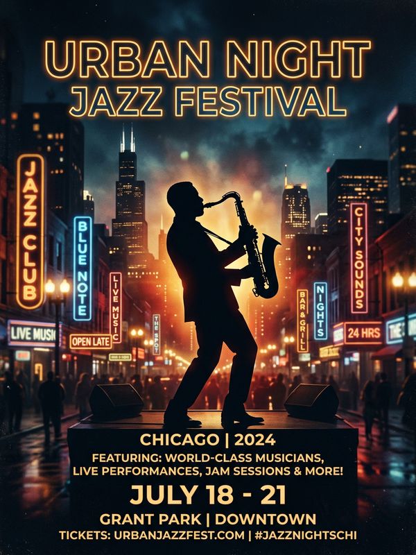 A jazz festival poster full of urban nightlife energy. A saxophonist silhouette against neon signs and misty street lamps, warm tones.