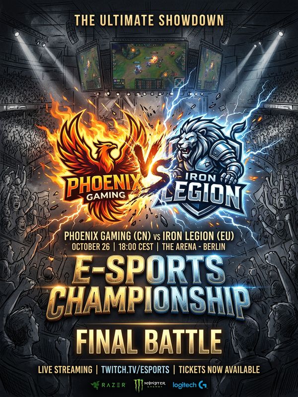 An esports tournament poster full of competitive tension. Two team logos clashing in the center, sparking lightning and fire, crowded arena silhouette in the background.