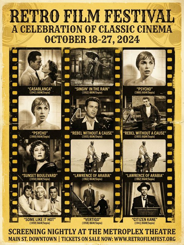 A retro-style film festival poster imitating old movie film design, interspersed with classic film scene screenshots, overall yellow-tinted color palette.