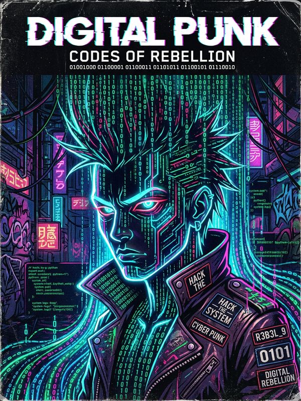 A digital punk-style poster where streams of code and binary numbers flow like a waterfall, forming a cool human face silhouette.