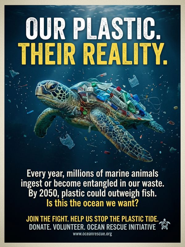 A thought-provoking public welfare poster. A sea creature (turtle or fish) made of plastic bottles swims in a deep blue background, raising environmental awareness.