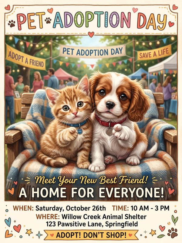 A warm and cute pet adoption day poster. A kitten and a puppy cuddle closely together, pointing their paws toward the viewer with hopeful eyes.