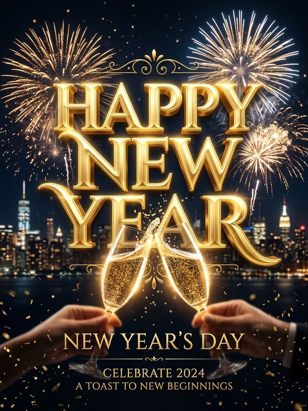 A luxurious New Year's Day poster design. Giant golden 3D glowing typographic text "Happy New Year" dominates the center. Below, glowing champagne flutes clink together. Fireworks burst in the background. Elegant black and gold color palette. Minimalist and refined commercial poster style. Cinematic lighting. 8K resolution.