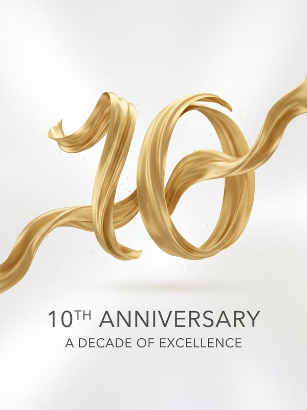 An elegant brand anniversary poster. A silky golden ribbon swirls in the air forming the number "10". Pearl-white background with soft diffuse light. Clean sans-serif text below: "10TH ANNIVERSARY". Minimal and luxurious.