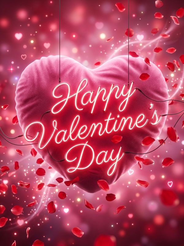 A romantic Valentine's Day poster design. Elegant glowing neon text "Happy Valentine's Day" floats in the air. The background features a giant 3D plush-textured pink heart, surrounded by floating red rose petals. Dreamy pink and deep red bokeh background. 3D rendering. C4D style.