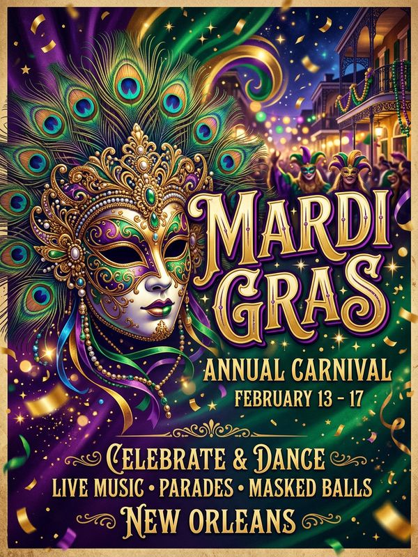 A vibrant Carnival poster design. Features ornate vintage typography reading "Mardi Gras". Next to the text, a highly detailed Venetian mask adorned with peacock feathers. Floating golden confetti. Purple, teal, and gold color palette. Dynamic composition. Dramatic studio lighting.
