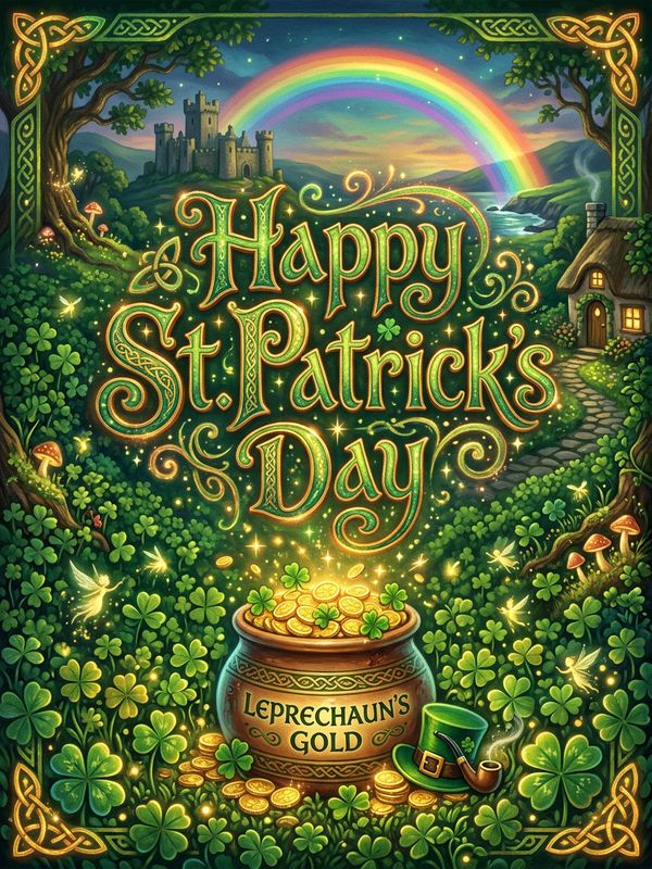 A magical St. Patrick's Day poster design. Glowing fairy-tale textured typographic text "Happy St. Patrick's Day". The background is a lush field of shamrocks and a pot of glowing gold coins. Glowing magical fireflies. Emerald green and gold color palette. Fantasy illustration style. Poster layout composition.