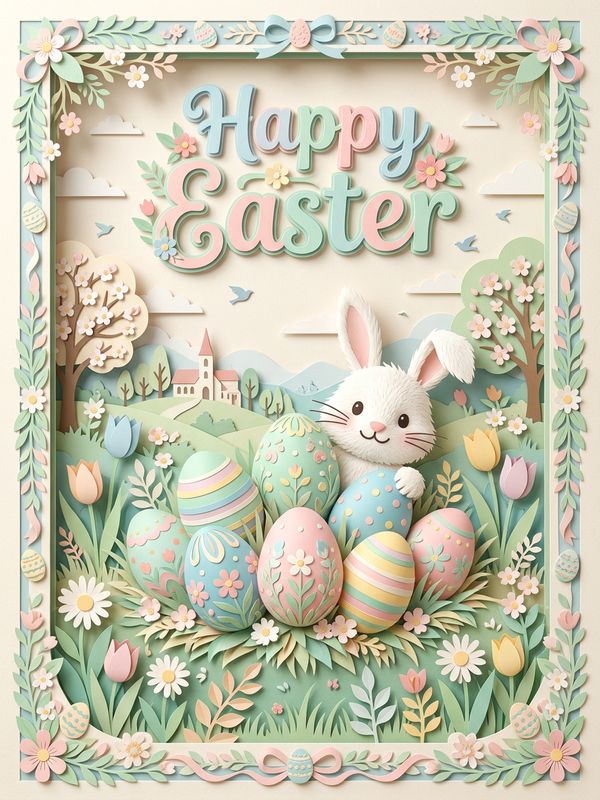 A cute Easter poster design. Exquisite paper-cut art style. Soft pastel cute English font reading "Happy Easter". A fluffy white rabbit peeks out from behind colorful Easter eggs. Mint green, light blue, and soft pink color palette. Multi-layered paper-sculpture aesthetic. Soft lighting.