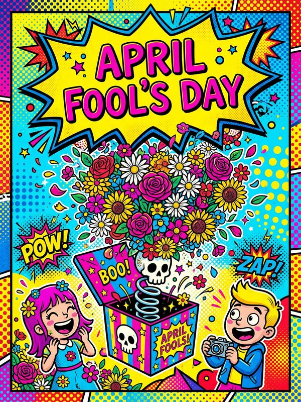 A fun April Fool's Day poster design. Pop art style. Exaggerated bold text "April Fool's Day" inside a bold American comic speech bubble. A colorful jack-in-the-box pops out, throwing flowers instead of a clown. Strong contrasting colors of yellow, bright blue, and magenta. Surrealism.