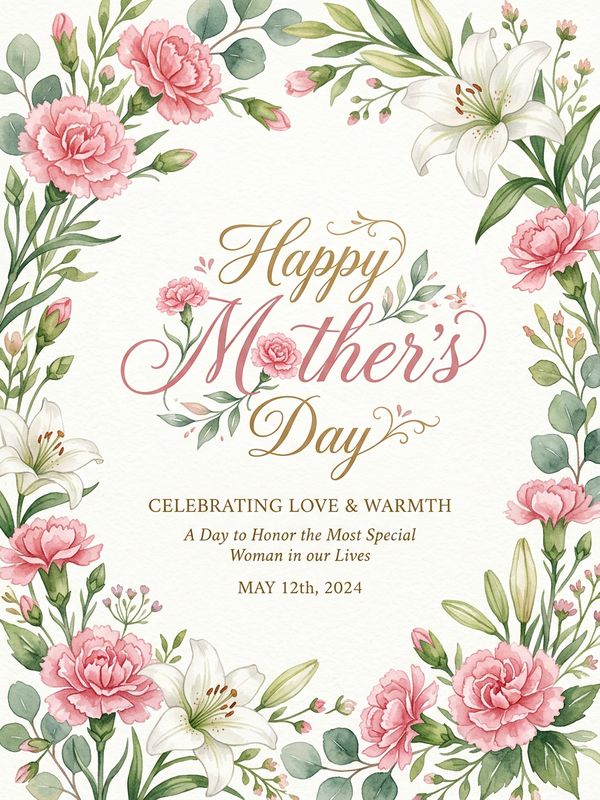 An elegant Mother's Day poster design. Blooming pink carnations and white lilies form a beautiful border in soft watercolor style. Elegant romantic calligraphy English text "Happy Mother's Day" in the centered white space. Clean cream-colored paper texture background. Warm and healing aesthetic.
