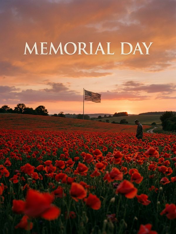 A solemn Memorial Day poster design. Dignified white sans-serif text "Memorial Day" in the sky. Below, vivid red poppies sway in the wind. A faded American flag waves faintly in the sky. Warm golden-hour sunset lighting. Cinematic lens. Patriotic atmosphere.