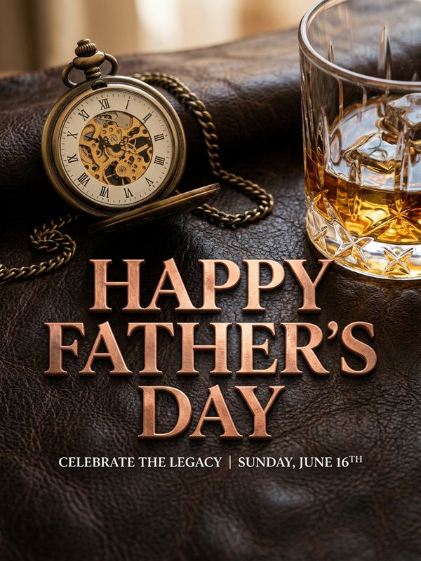 A classic Father's Day poster design. Copper metallic textured English letters "Happy Father's Day". Background features a vintage mechanical pocket watch on premium dark brown leather, next to a glass of whiskey reflecting amber light. Masculine and elegant aesthetic. High-end commercial photography style.