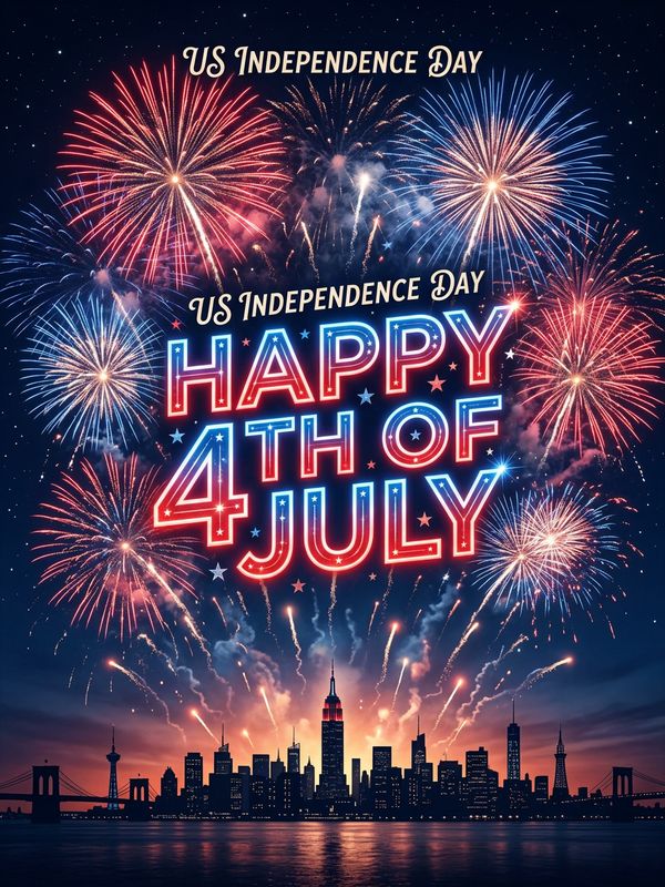 A spectacular 4th of July Independence Day poster design. Vivid red, white, and blue fireworks burst in the night sky. The glow illuminates bold glowing text "Happy 4th of July" at the center. Below is a minimal dark city skyline silhouette. Glowing smoke trails. 8K HD resolution.