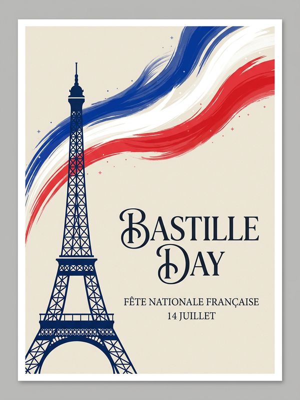 A Bastille Day French national day poster design. Elegant fashionable French typographic font "Bastille Day". Minimal vector illustration of the Eiffel Tower silhouette. Blue, white, and red smoke sweep across the sky like brush strokes. Flat design. Clean lines. Solid light beige background. Minimalism.