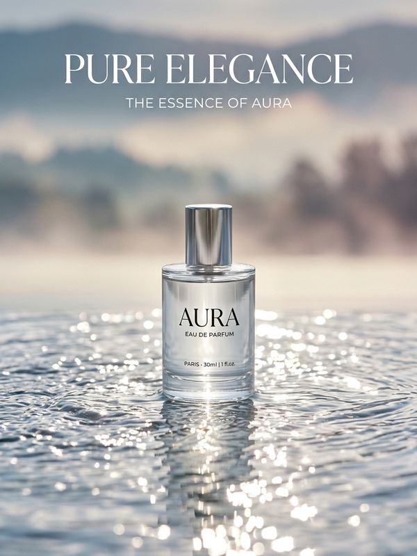 A premium brand image poster. A minimalist transparent perfume bottle sits on rippling water, with a beautiful reflection. Moody morning mist in muted tones. Elegant text above: "PURE ELEGANCE". Commercial photography level.