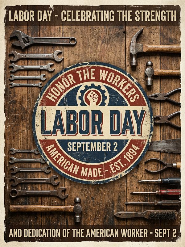 A retro industrial-style Labor Day tribute poster design. Bold distressed stamp-textured text "Happy Labor Day" at the center. Flat lay top-view photo of vintage steel tools (wrenches, hammers) arranged neatly on a weathered wooden table. Warm rustic color palette. Soft top lighting.