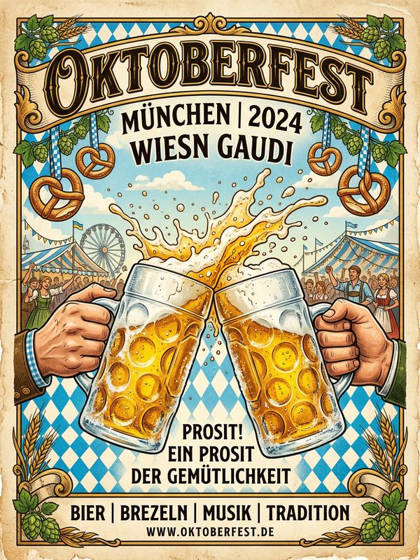 A festive Oktoberfest poster design. Bavarian retro-style English typography "Oktoberfest". Two frost-covered giant glass beer steins clink together with golden beer splashing. Background features a Bavarian blue and white diamond pattern and fresh pretzels. Full of festive spirit.