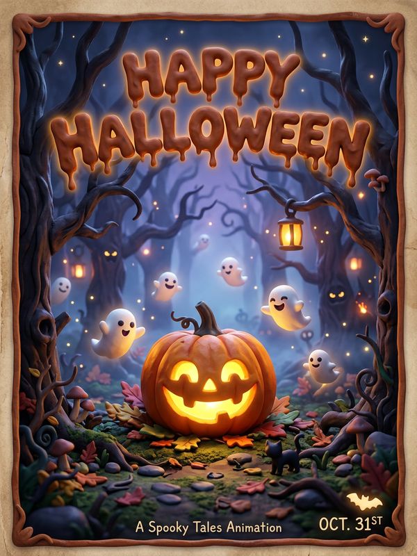 A mysteriously cute Halloween poster design. 3D clay animation style. Fun text "Happy Halloween" with an orange dripping melted texture. A glowing jack-o'-lantern grinning, placed in a misty autumn forest with adorable floating ghosts nearby. Eerie yet playful cinematic lighting.