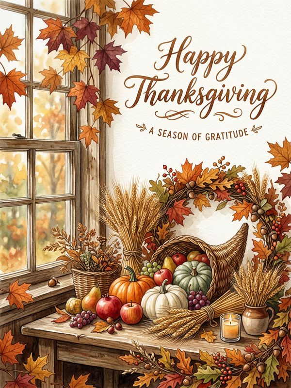 A warm Thanksgiving poster design. A beautiful cornucopia overflows with autumn harvest fruits, pumpkins, and golden wheat sheaves. Warm handwritten English text "Happy Thanksgiving" in the white space. Falling maple leaves around. Rich burnt orange and wine red autumn colors. Soft natural window lighting.