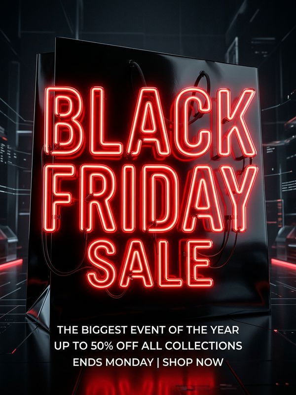 A high-impact Black Friday sale poster design. Fashionable dark minimal aesthetic. Giant stunning red glowing neon tube-textured text "Black Friday Sale". Background features glossy black shopping bags. High contrast. Cyber and modern feel. Dark studio background. Commercial promotion poster layout.